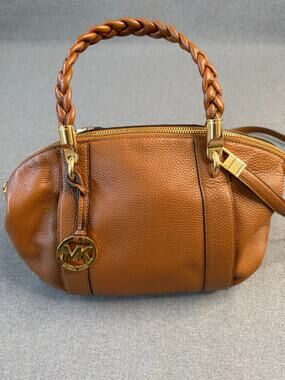 Michael Kors Brown Pebbled Leather Satchel Handbag Purse Braided Handles